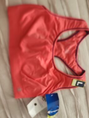 Champion Coral-Pink Racerback Sports Bra with Navy Trim
